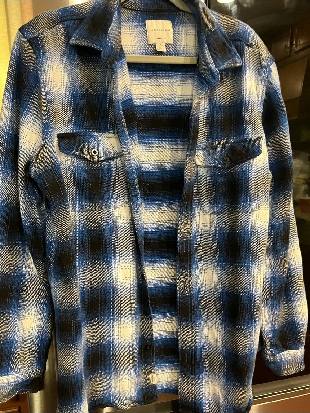 American Eagle Outfitters Blue and White Plaid Button-Up Shirt Jacket